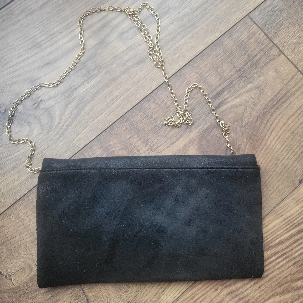 Black Glitter Velvet Feel Chic Classy Envelope Style Clutch with Gold Chain